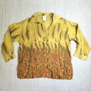 Y2K Mosaic Womens 1X Button-up Blouse Top Green Sheer Abstract Boho Flowy Shirt